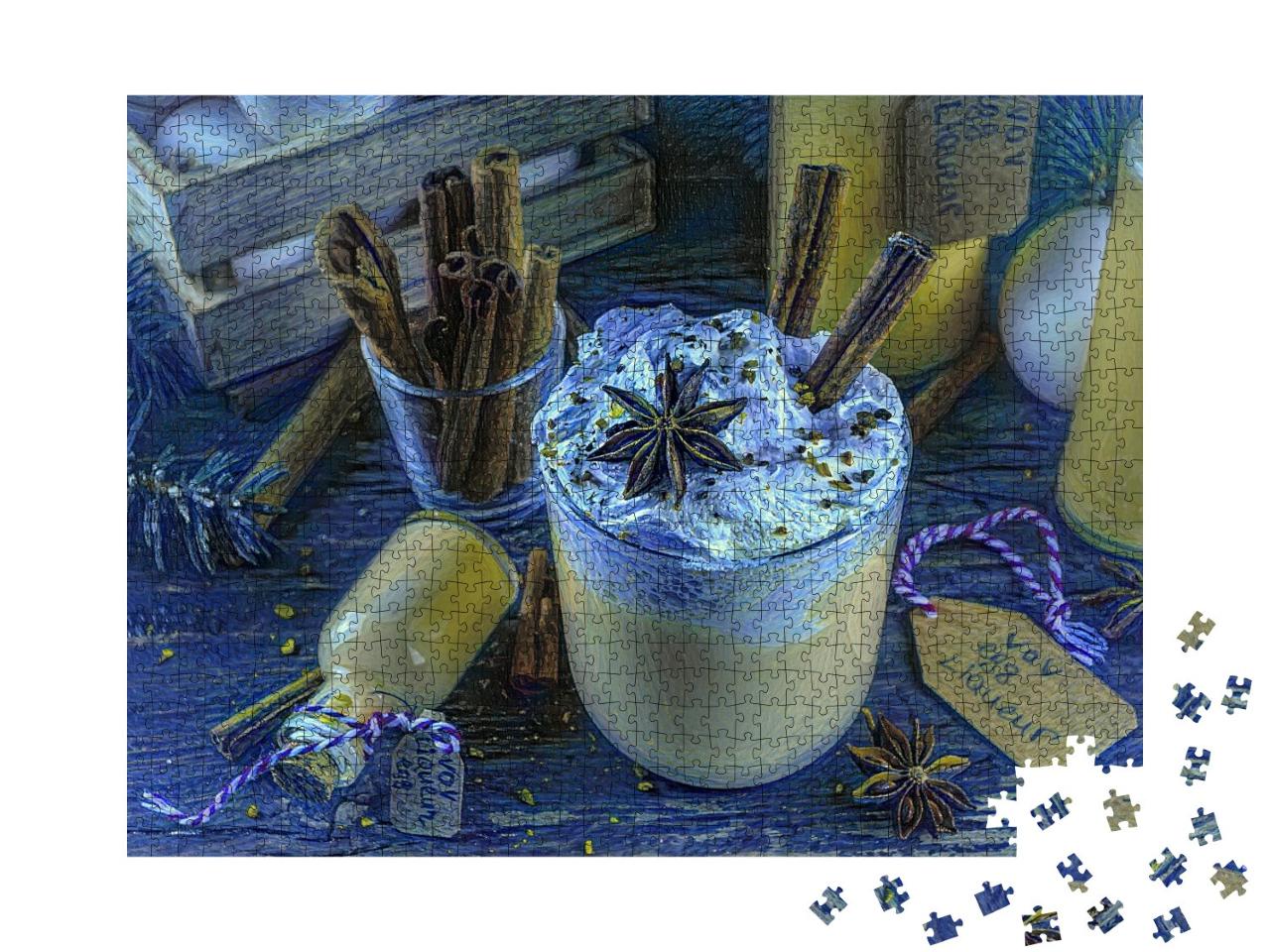 Puzzle 1000 Teile „im Kunst-Stil von van Gogh, Sternennacht - Weihnachts-Bombardino Livigno Cocktail“