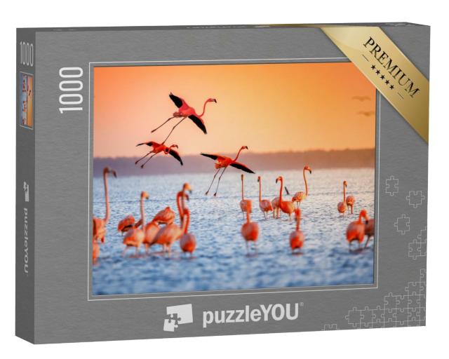 Puzzle 1000 Teile „Rosa Flamingos im Sonnenuntergang“