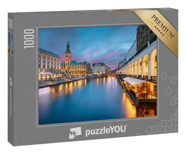Puzzle 1000 Teile „Hamburger Rathaus und Alster im Sonnenuntergang“