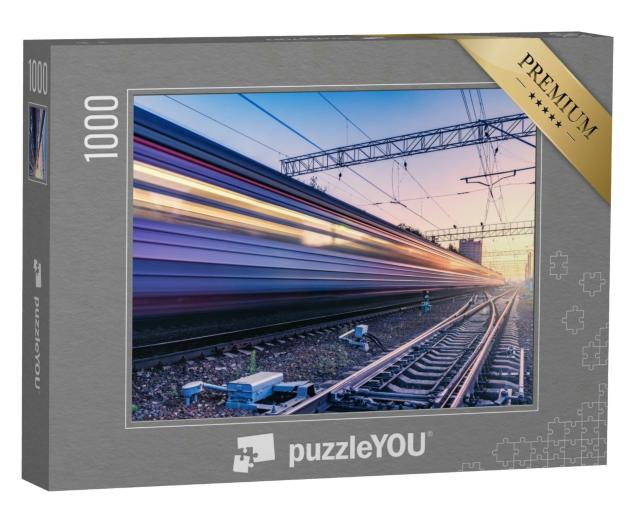 Puzzle 1000 Teile „Zug in voller Fahrt im Sonnenuntergang“