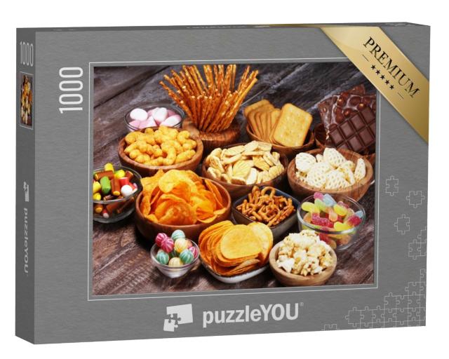 Puzzle 1000 Teile „Bereit für den Party-Abend: Bunte Auswahl an Snacks“