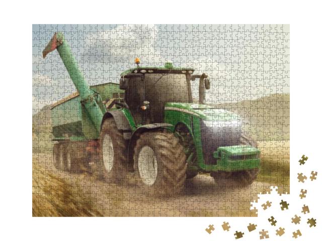 Puzzle 1000 Teile „Traktor mit Anhänger auf einem Feldweg“