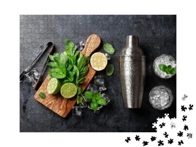 Puzzle 1000 Teile „Zutaten für einen Mojito-Cocktail: Shaker, Minze, Limette, Eis“