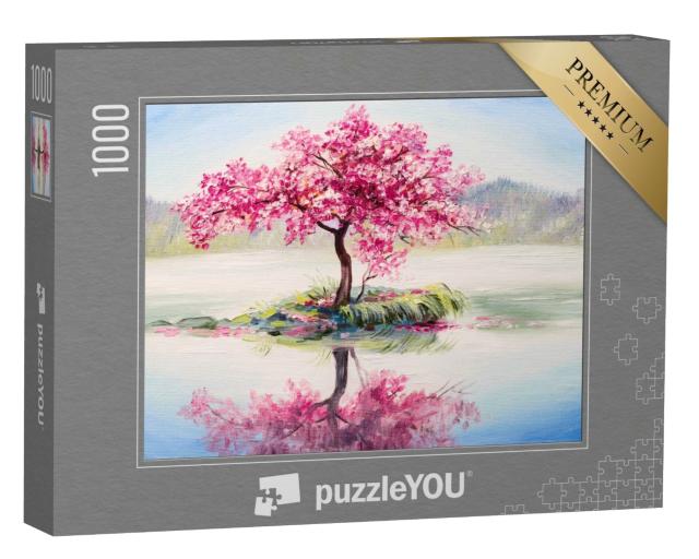 Puzzle 1000 Teile „Ölgemälde: Sakura auf dem See - japanische Kirschblüte“