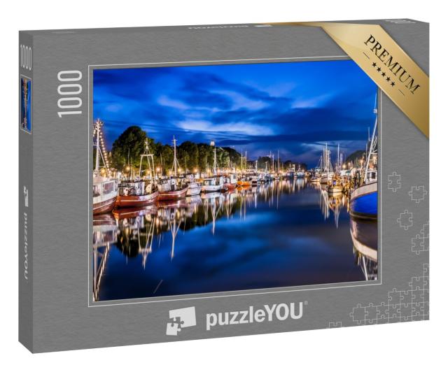 Puzzle 1000 Teile „Nachtansicht mit Schiffen und Ostsee in Warnemünde, Rostock, Deutschland“