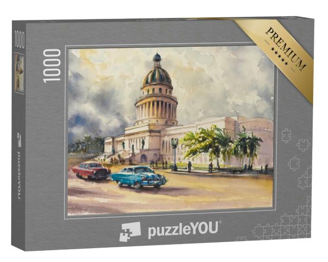 Puzzle 1000 Teile „Alte amerikanische Oldtimer vor dem Capitol, Havanna, Kuba“