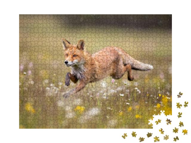 Puzzle 1000 Teile „Fuchs im Galopp über eine Blumenwiese“