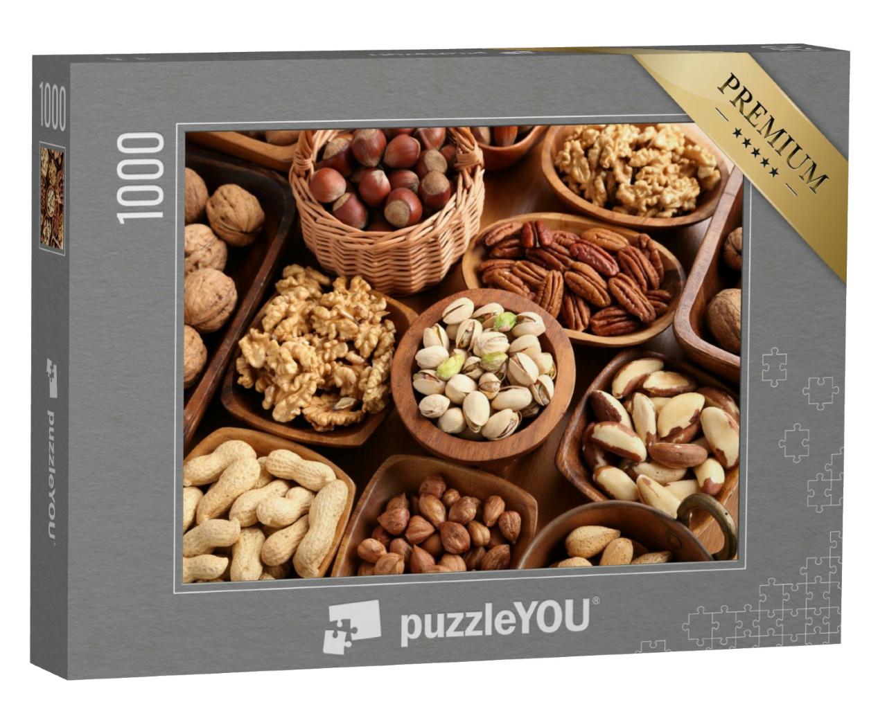 Puzzle 1000 Teile „Verschiedene Sorten von Nüssen in Holzschalen“