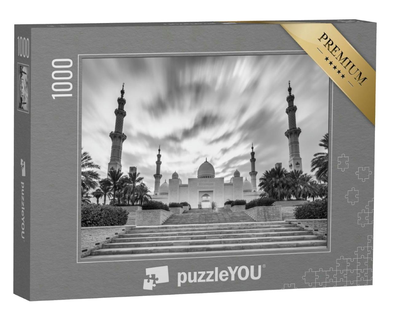 Puzzle 1000 Teile „Große Moschee Sheikh Zayed in schwarz-weiß, Abu Dhabi, Vereinigte Arabische Emirate“