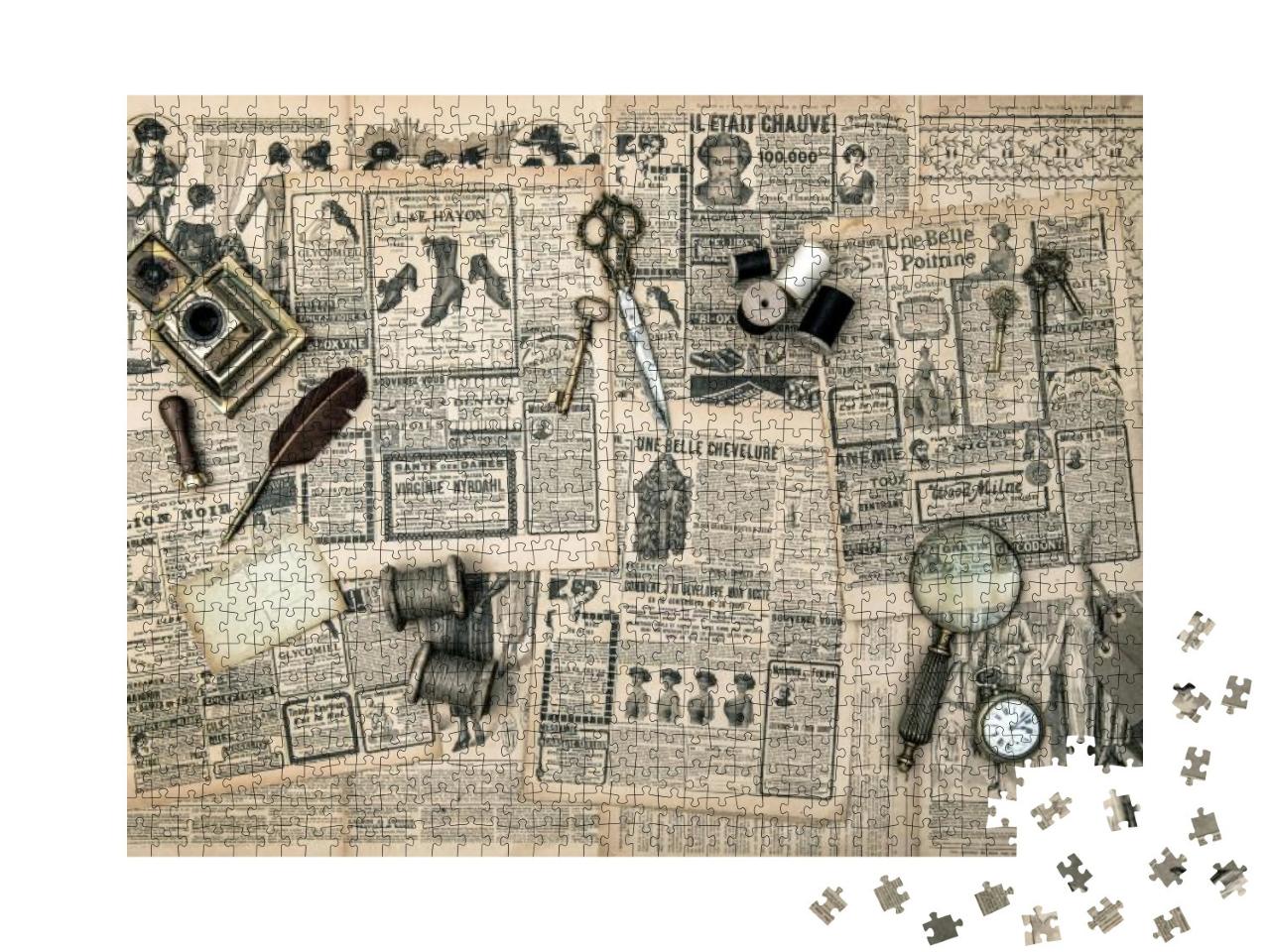 Puzzle 1000 Teile „Näh- und Schreibwerkzeuge auf alten Zeitungen“