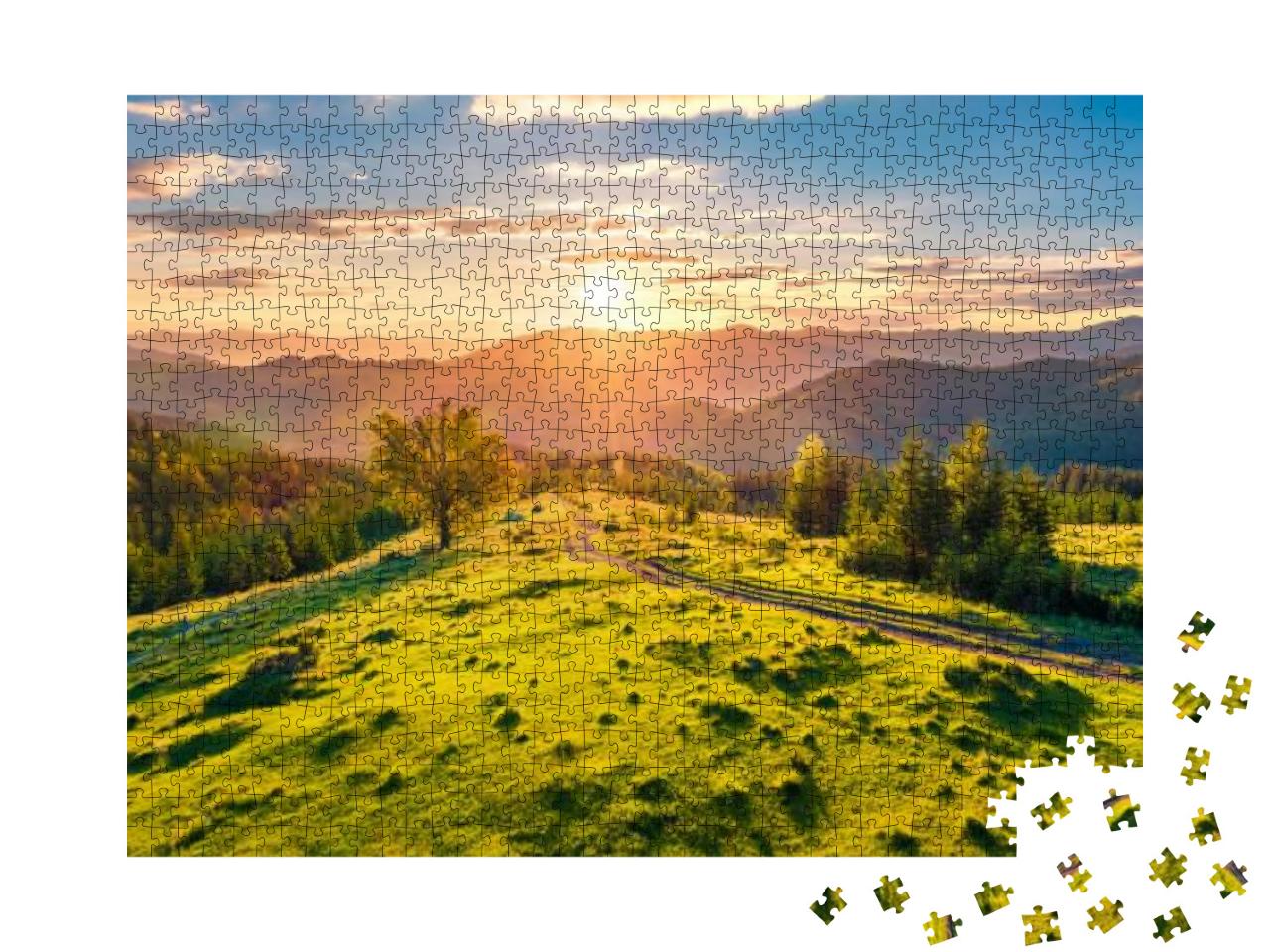 Puzzle 1000 Teile „Straße in den Sonnenaufgang der Karpaten, Ukraine“