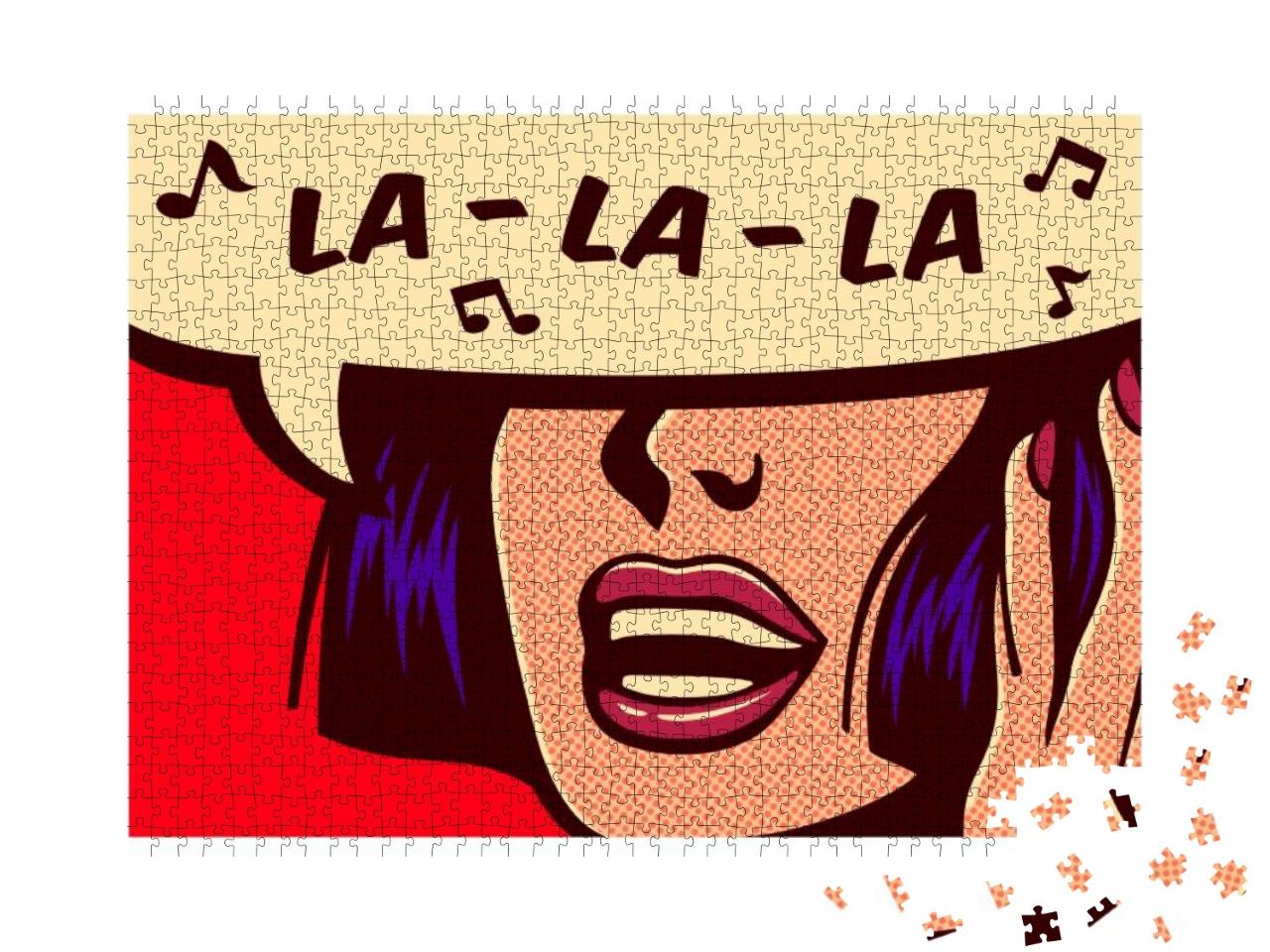 Puzzle 1000 Teile „Pop-Art-Stil Comic: Frau singt sorglos Melodie mit Sprechblase“