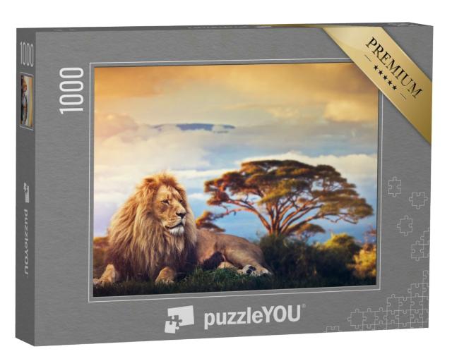 Puzzle 1000 Teile „Ein Löwe liegt inmitten der Savanne vor dem Kilimandscharo“