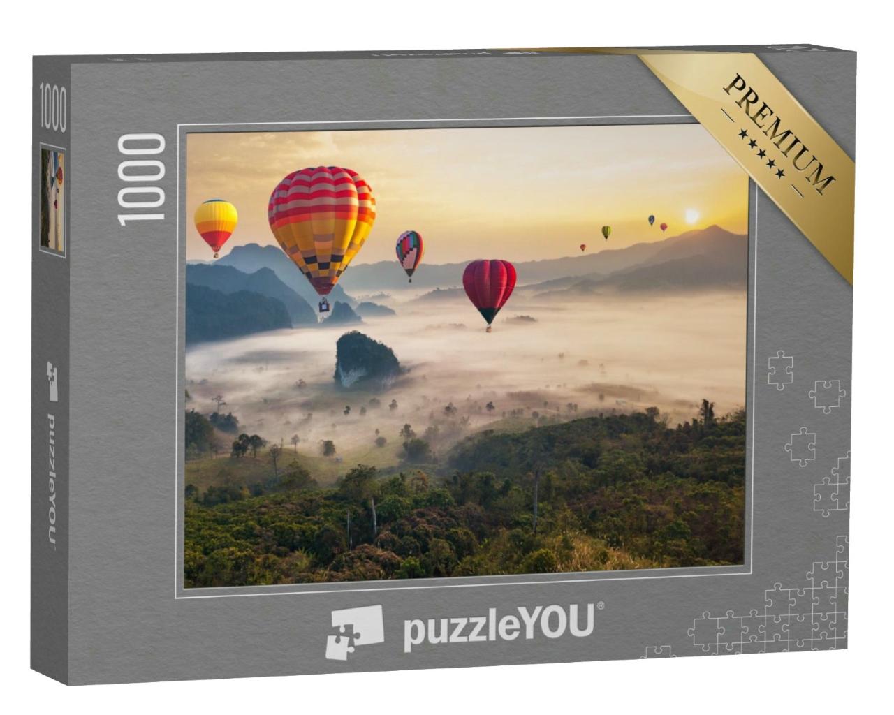 Puzzle 1000 Teile „Heißluftballons über den Bergen des Phu Langka Nationalparks, Thailand“