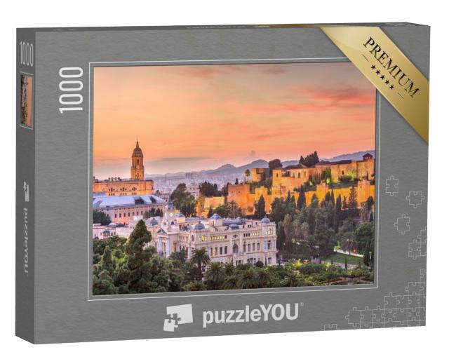 Puzzle 1000 Teile „Skyline von Malaga in der Abenddämmerung, Spanien“