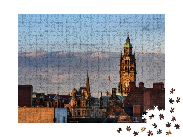 Puzzle 1000 Teile „Bild vom Uhrenturm am alten Rathaus von Sheffield, England“