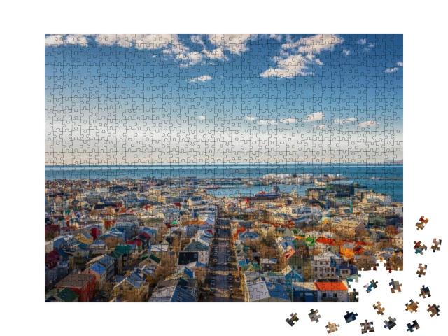 Puzzle 1000 Teile „Über den Dächern von Reykjavik, Hauptstadt von Island“