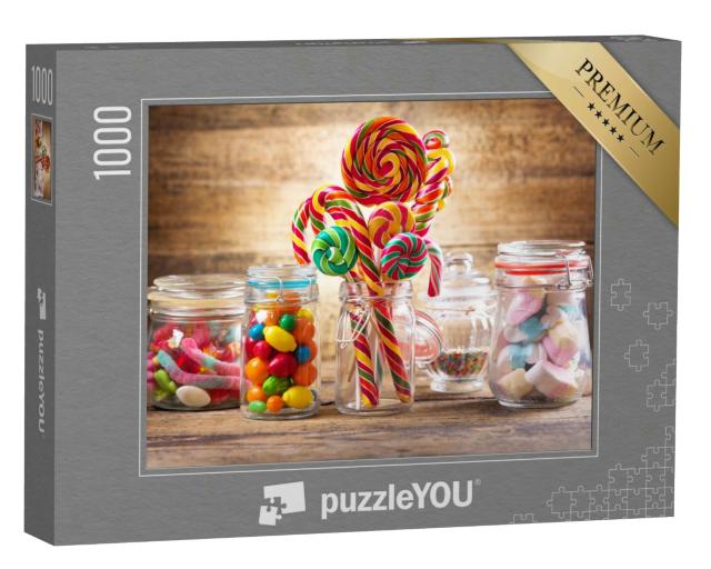 Puzzle 1000 Teile „Bunte Bonbons, Gelees, Lutscher, Marshmallows und Marmelade in Glasgefäßen“