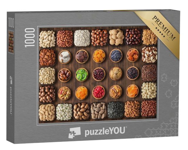 Puzzle 1000 Teile „Bunte Vielfalt von Nüssen und Trockenfrüchten in kleinen Schalen“