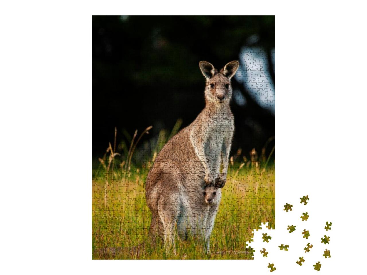 Puzzle 1000 Teile „Känguru-Mutter mit neugierigem Jungtier im Beutel“