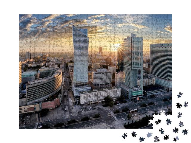 Puzzle 1000 Teile „Sonnenaufgang über den Wolkenkratzern von Warschau, Polen“
