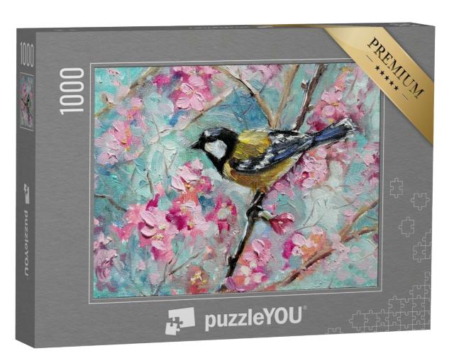 Puzzle 1000 Teile „Ölgemälde: Kohlmeise im blühenden Kirschgarten“