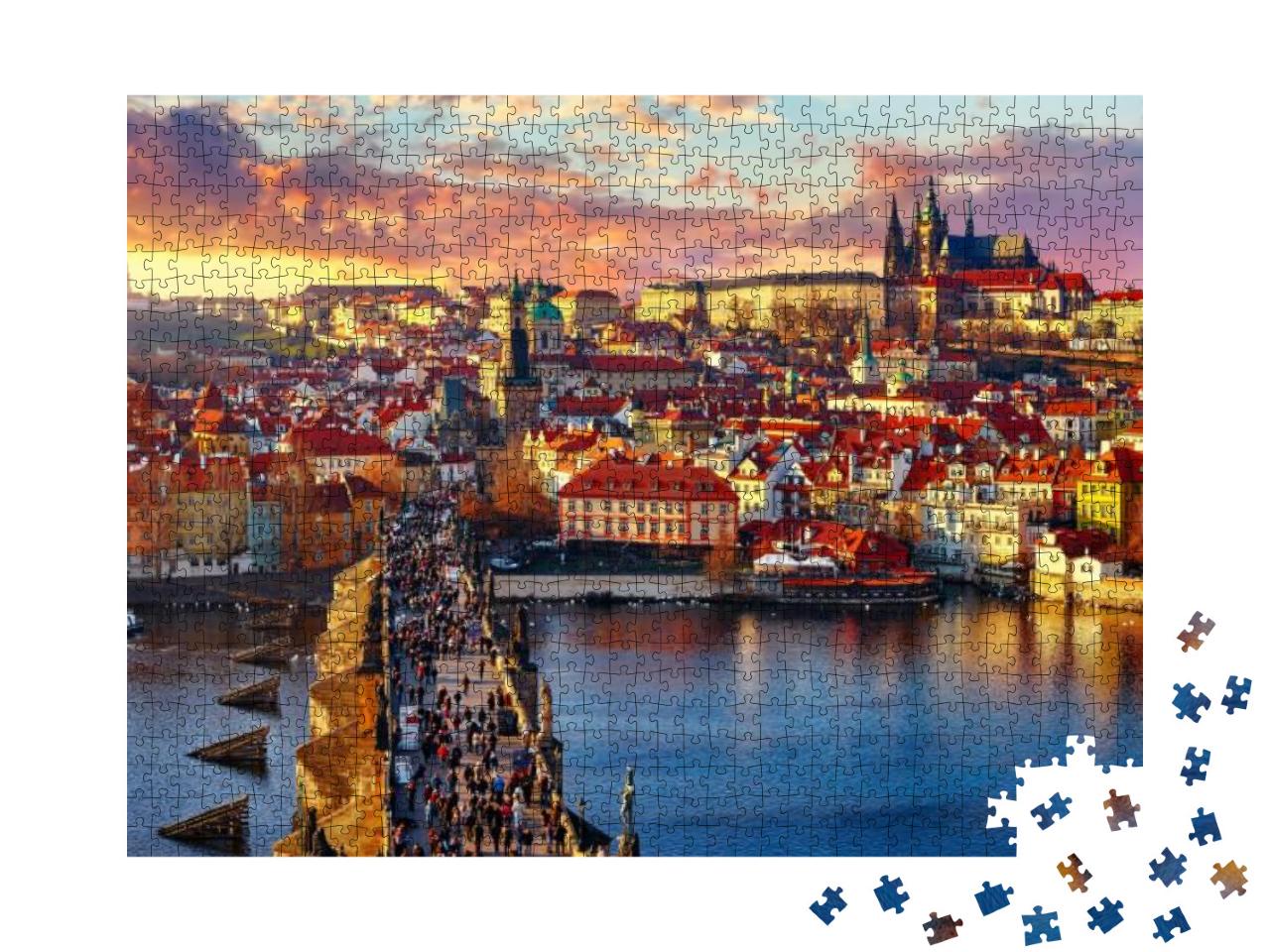 Puzzle 1000 Teile „Panoramablick von oben auf Karlsbrücke, Prager Burg und Fluss“