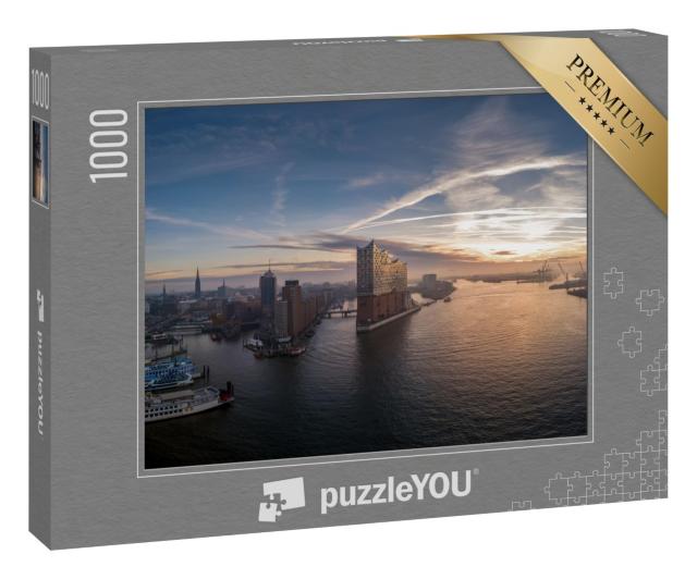 Puzzle 1000 Teile „Hamburger Hafen mit schönem Sonnenaufgang“