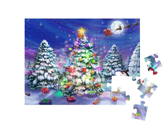 Puzzle 48 Teile „Santas Schlitten über einem Weihnachtsbaum im verschneiten Wald“