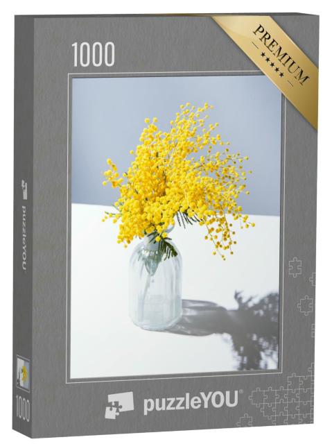 Puzzle 1000 Teile „Blumenstrauß aus gelben Mimosen in einer Glasvase“