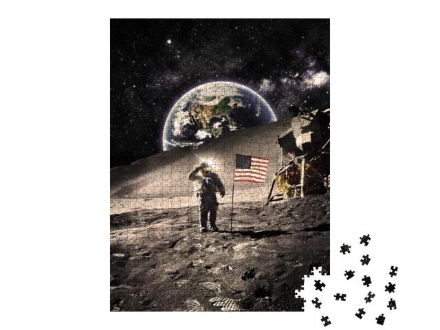 Puzzle 1000 Teile „Vintage -Astronaut mit Flagge auf dem Mond “