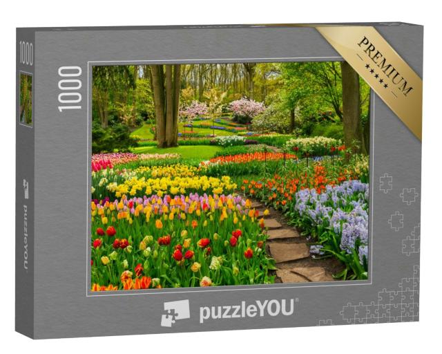 Puzzle 1000 Teile „Bunter Tulpengarten unter Bäumen“