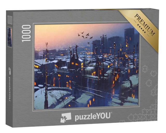 Puzzle 1000 Teile „Gemälde: Schneebedeckte Dächer im Sonnenuntergang“
