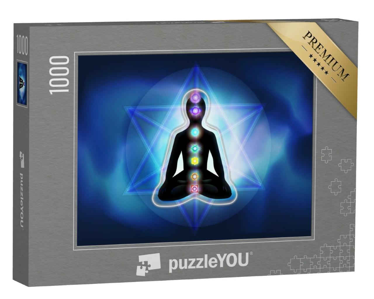 Puzzle 1000 Teile „Silhouette eines Mannes im Lotussitz mit leuchtenden Chakren und Aura“