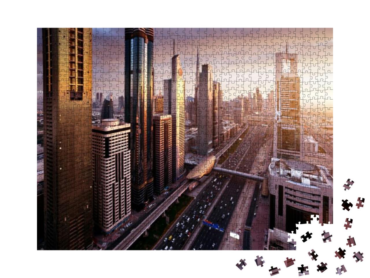 Puzzle 1000 Teile „Skyline von Dubai in der Zeit des Sonnenuntergangs, Vereinigte Arabische Emirate“