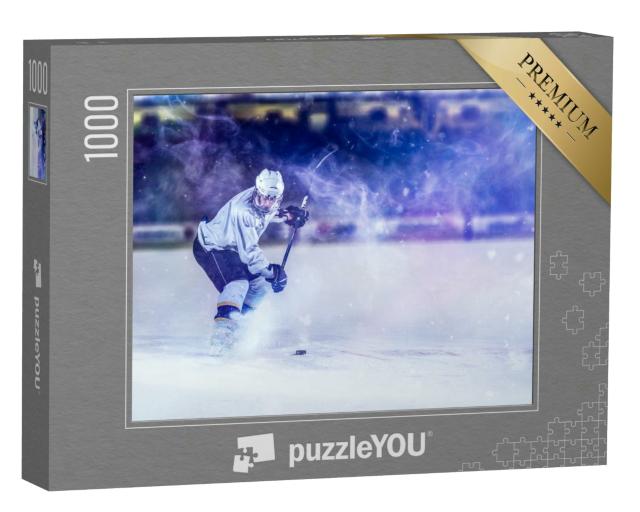 Puzzle 1000 Teile „Eishockeyspieler in Aktion beim Schießen mit dem Schläger“