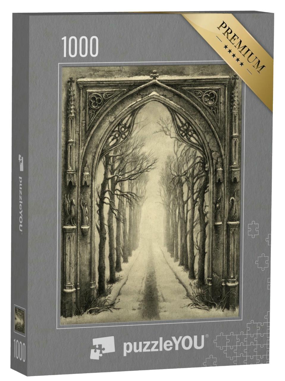 Puzzle 1000 Teile „Gotischer Bogen, dahinter eine Baumallee “