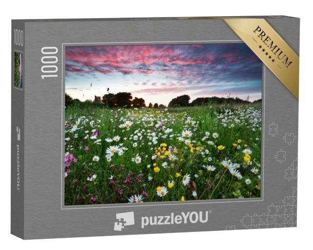 Puzzle 1000 Teile „Sommer-Wildblumen auf der Wiese bei Sonnenuntergang“