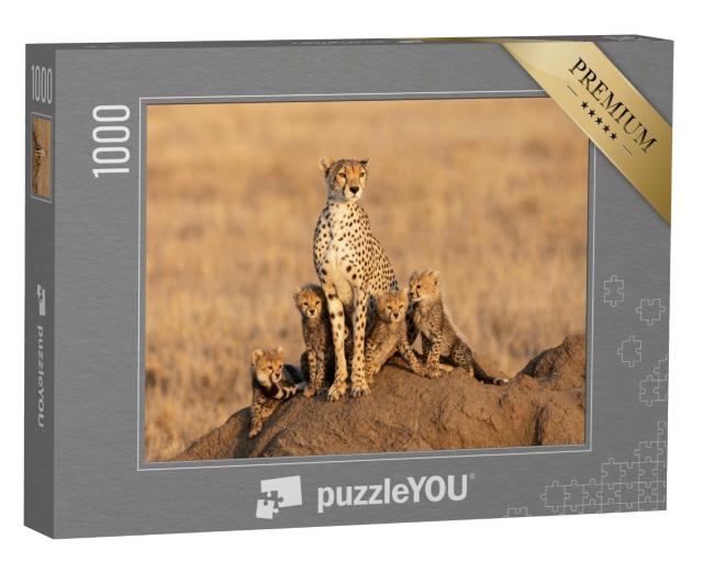 Puzzle 1000 Teile „Gepardenweibchen mit vier Jungtieren“