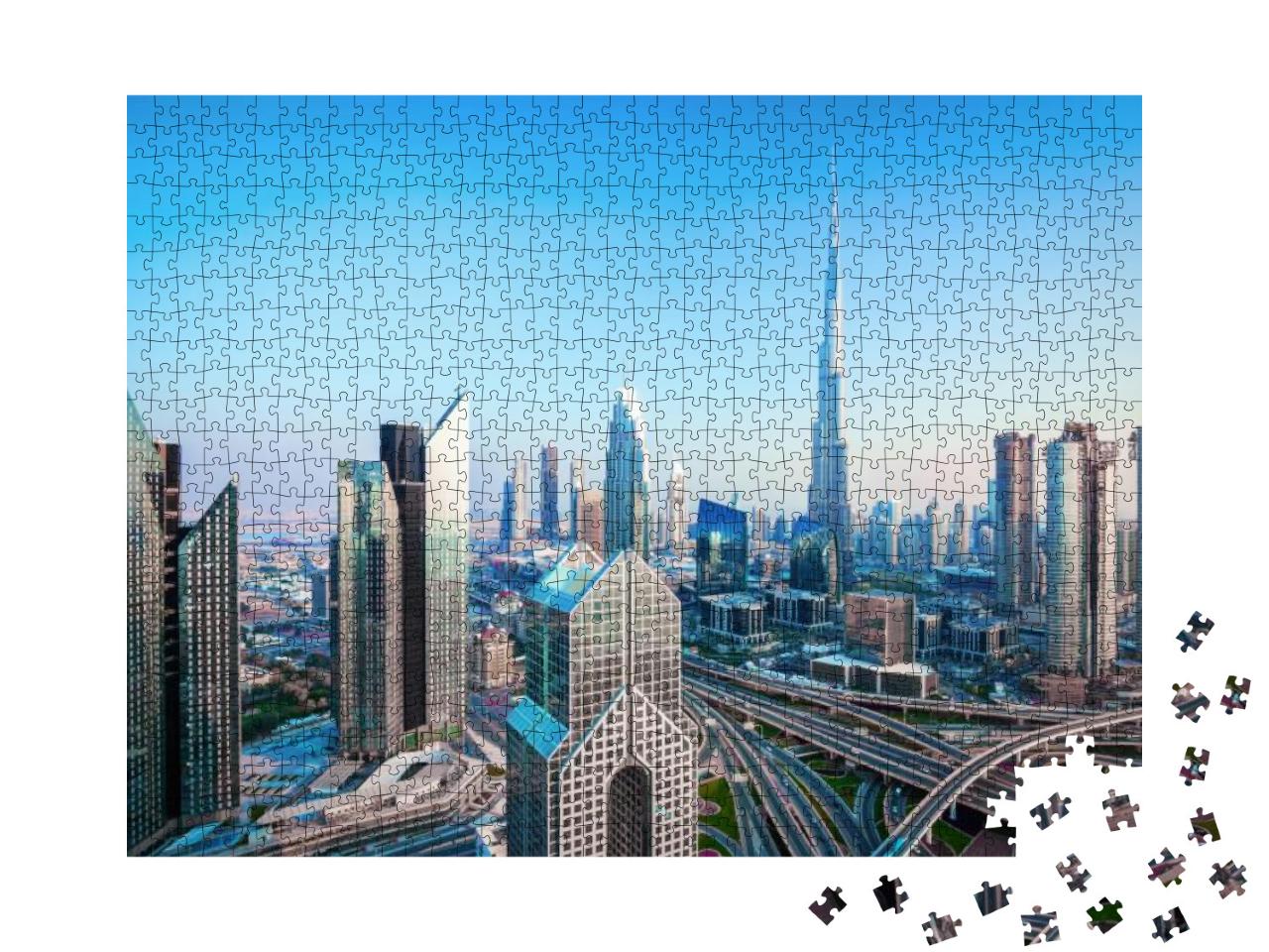 Puzzle 1000 Teile „Skyline des Stadtzentrums von Dubai bei Sonnenuntergang“