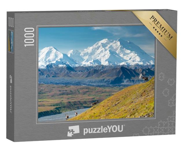 Puzzle 1000 Teile „Karibu-Hirsch vor dem Mount Denali, Alaska“