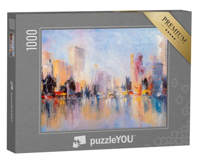 Puzzle 1000 Teile „Ölgemälde: Skyline mit Reflexionen auf dem Wasser“