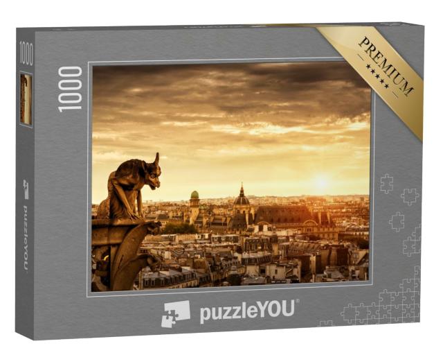 Puzzle 1000 Teile „Wasserspeier auf der Kathedrale von Notre Dame, dahinter Paris“