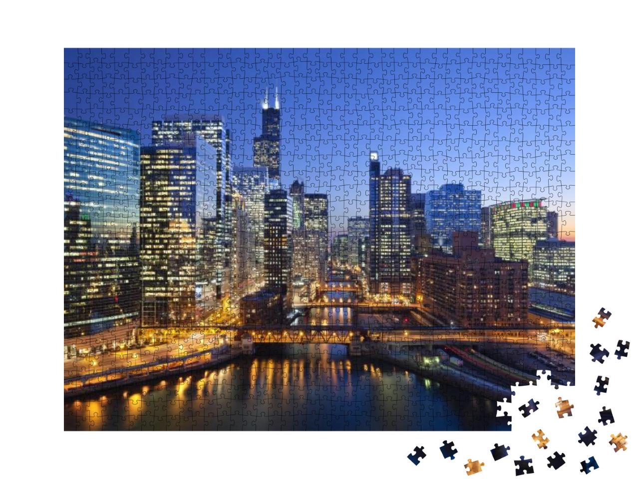 Puzzle 1000 Teile „Chicago Downtown und Chicago River mit Brücken bei Sonnenuntergang“