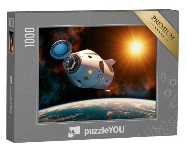 Puzzle 1000 Teile „Raumschiff mit offener Andockluke, Sonnenstrahlen, 3D-Illustration“