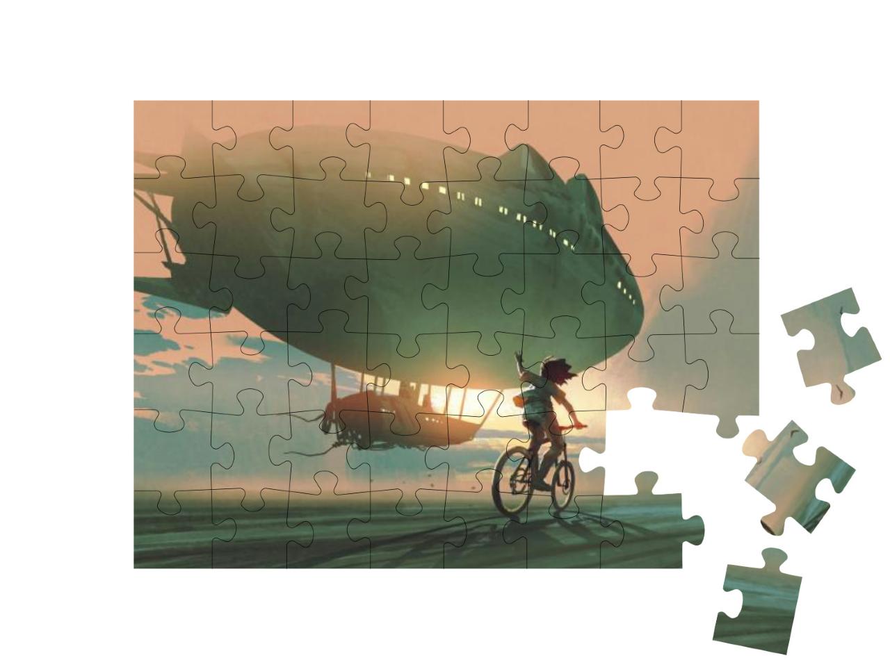 Puzzle 48 Teile „Fahrradfahrendes Kind winkt einem Zeppelin hinterher“