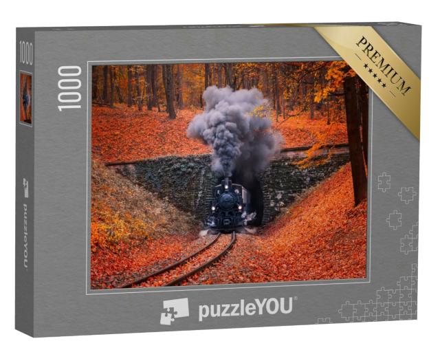 Puzzle 1000 Teile „Eine Dampflokomotive auf ihrer Fahrt durch einen Tunnel im Wald“