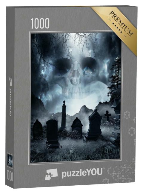 Puzzle 1000 Teile „Nachtszene mit Nebel und Grabsteinen, Totenkopf im Hintergrund“