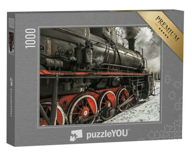Puzzle 1000 Teile „Eine sowjetische Dampflokomotive auf dem Bahnsteig des Bahnhofs“