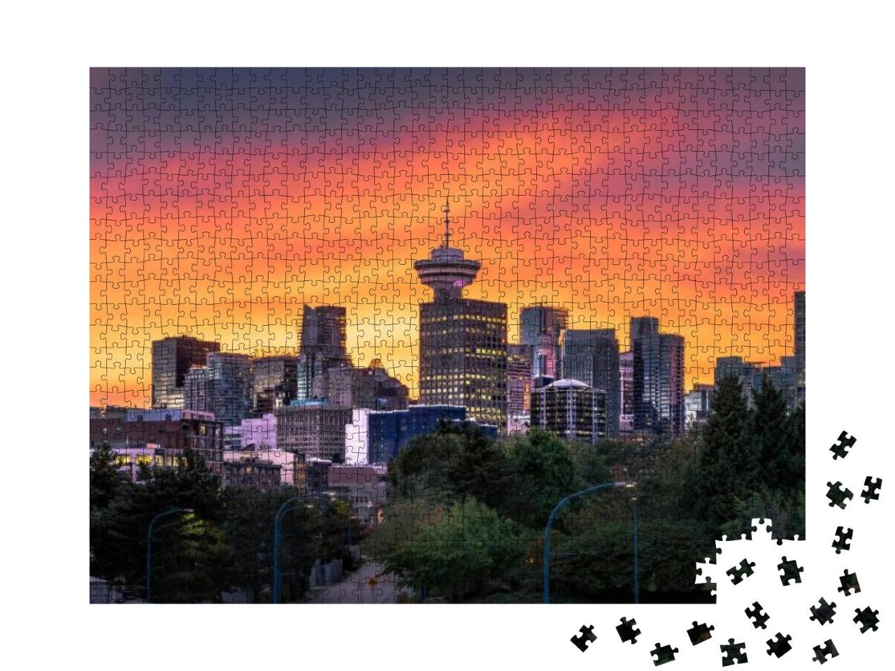 Puzzle 1000 Teile „Farbenfroher Sonnenuntergang hinter der Skyline von Vancouver“